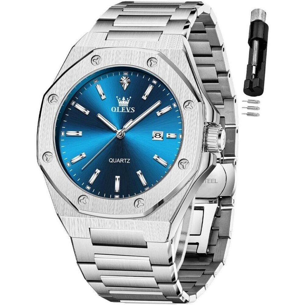 Olevs Men's Silver-Black Stain Steel Analog Luminous Waterproof Easy Wear Watch